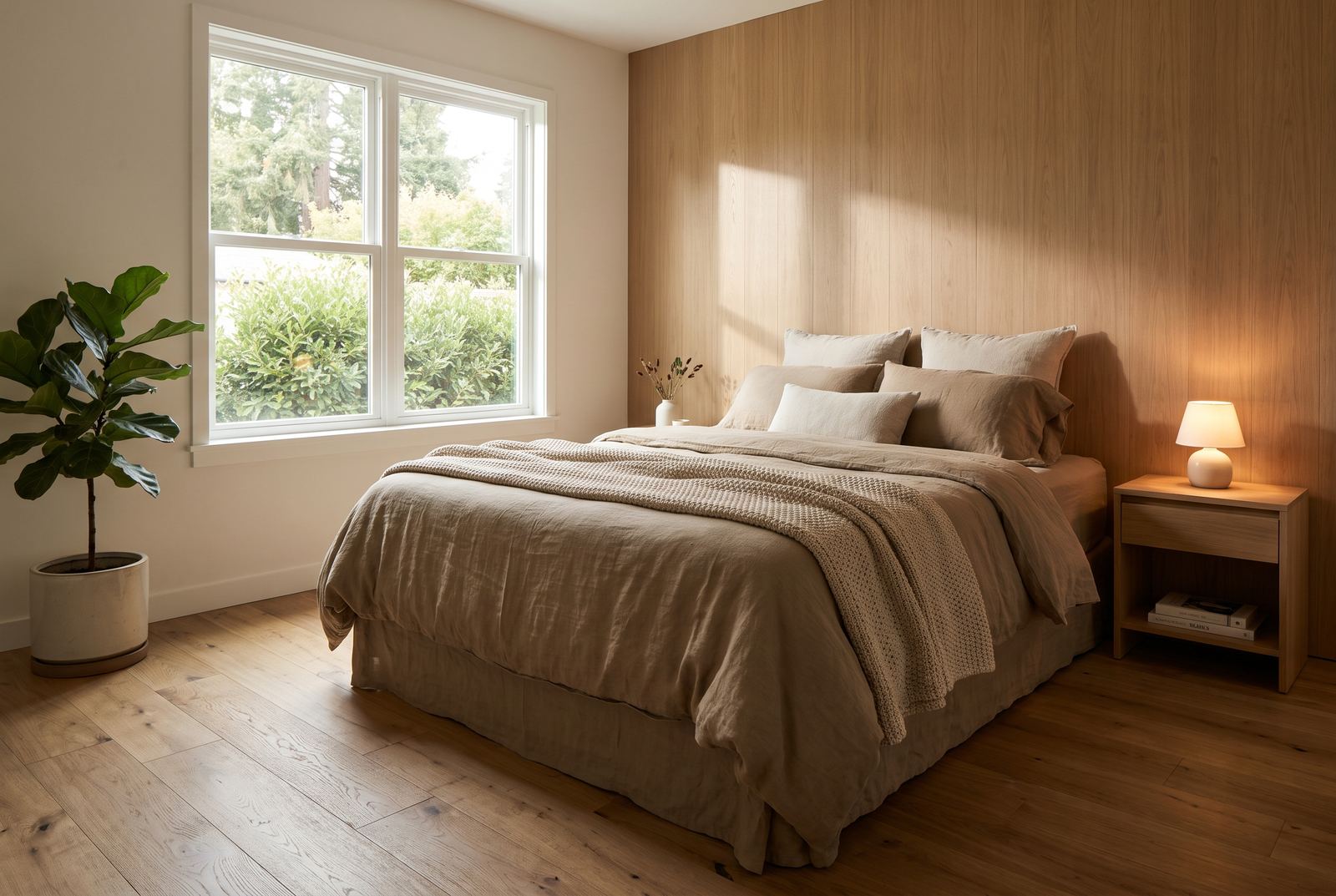 Calm, upscale bedroom inside a Sacramento ADU