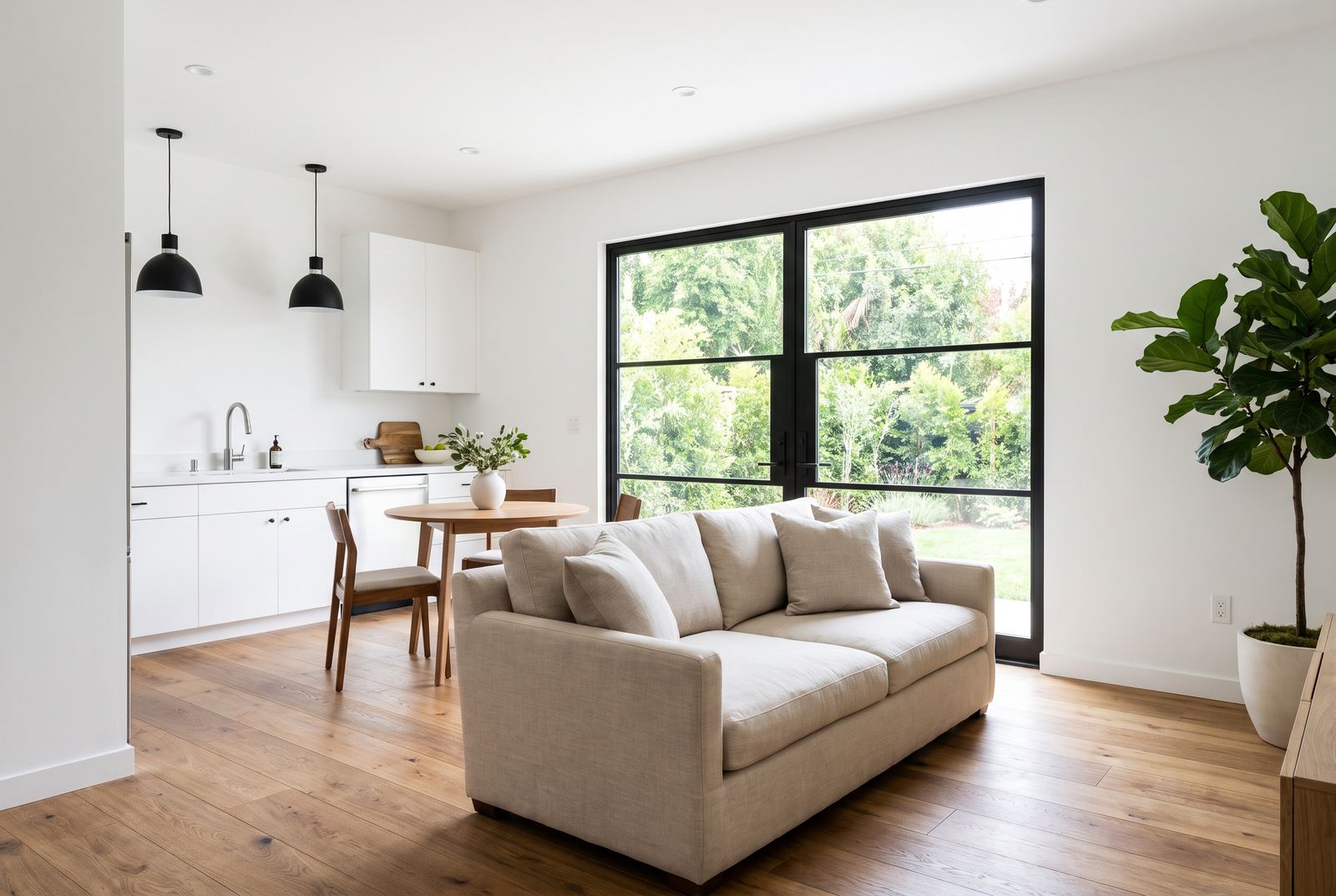 Open-plan modern ADU living room and kitchenette